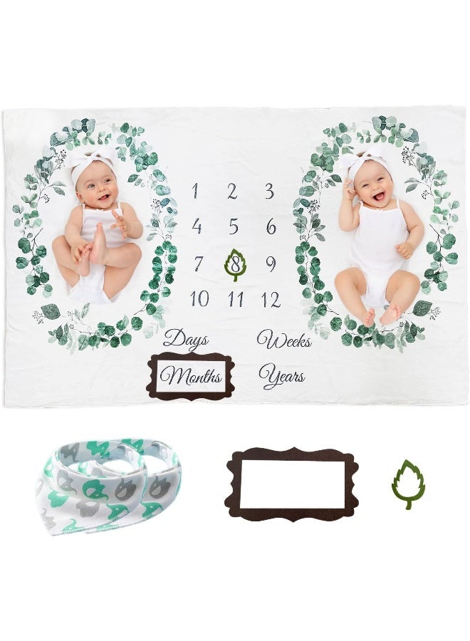 Vlokup Twins Baby Milestone Blanket for Boys & Girls, Premium Flannel Photography Background Prop Blankets, Neutral Boho Green Leaf Wreath… - Image 1